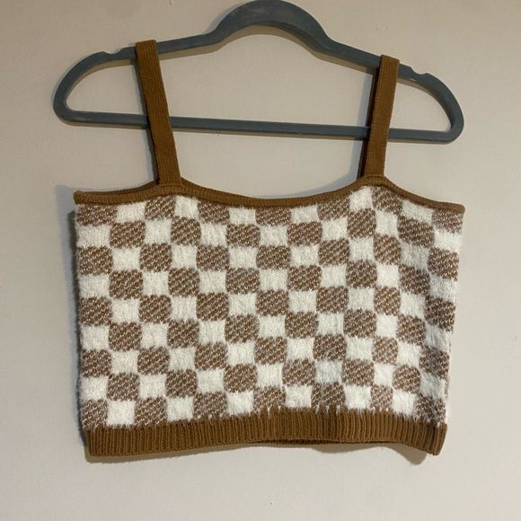 Hazel Moon Brown Cream Checkered Fuzzy Soft Cami Crop Top, Size Medium - Picture 3 of 10
